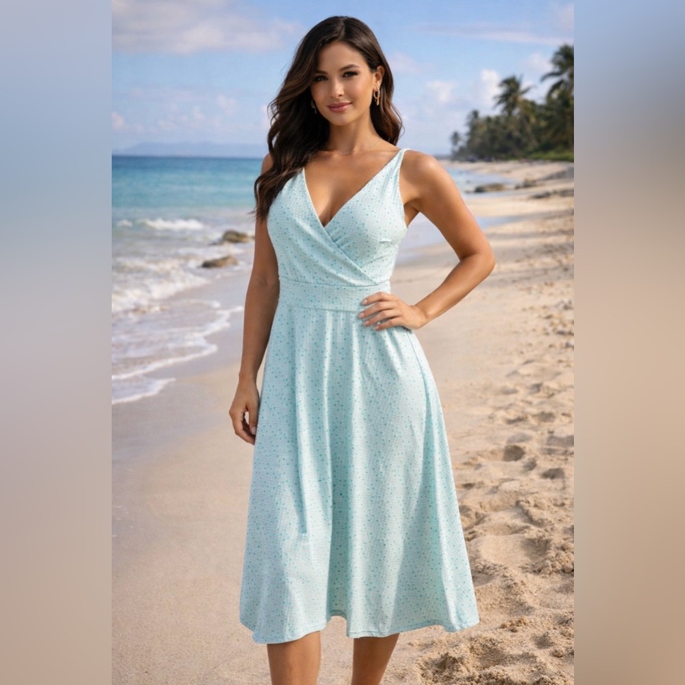 Eddie Bauer A Line Dress L Large Blue Washable Stretch Casual Sleeveless NEW